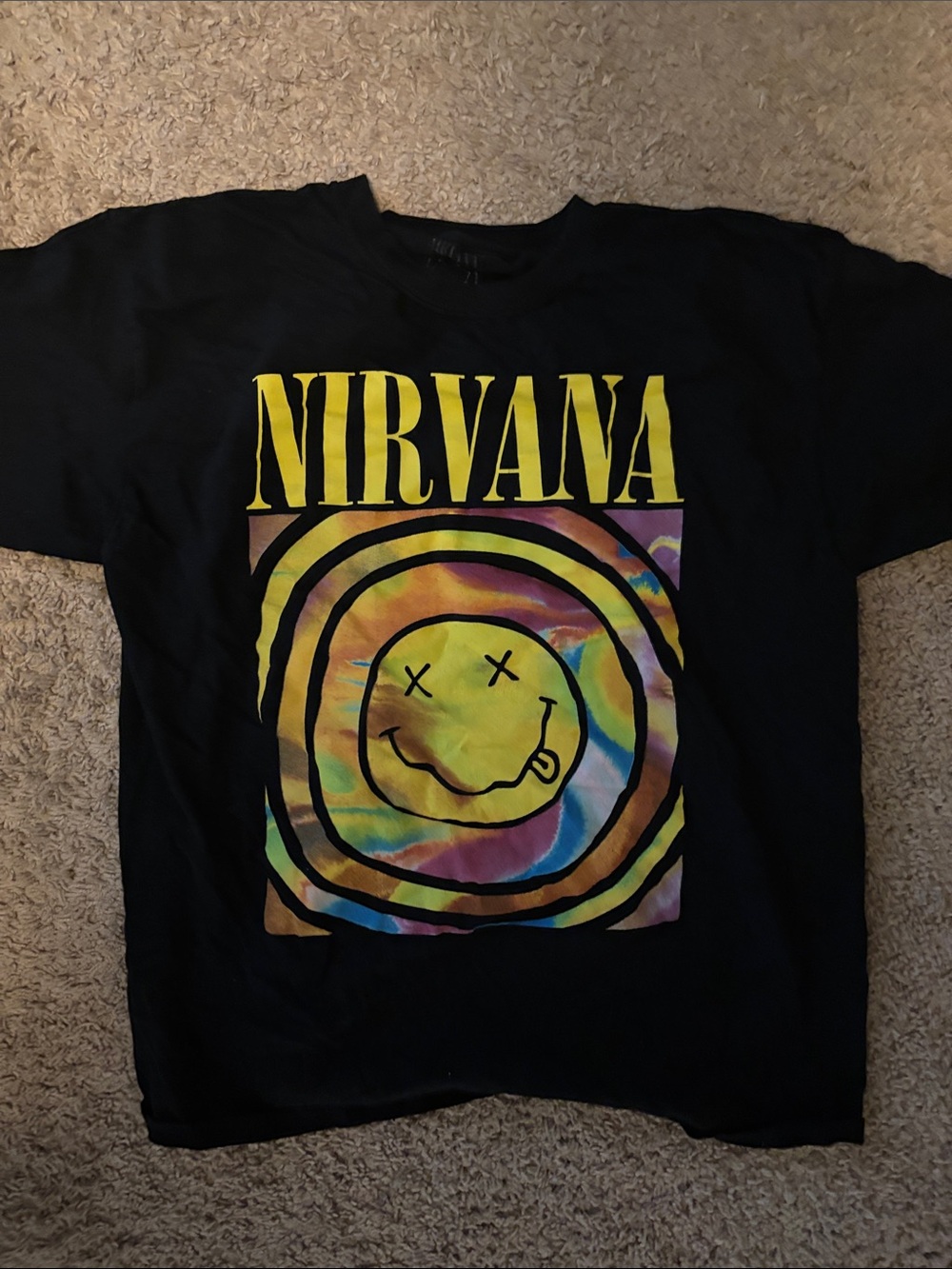 NIRVANA Black Kids Tee with Yellow Logo & Multicolor Tie-Dye Smiley